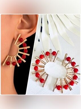 2/$30🌵 Gold Tone Spike Red Dot Hoop Sunburst Circle Earrings Jewelry Gift NEW